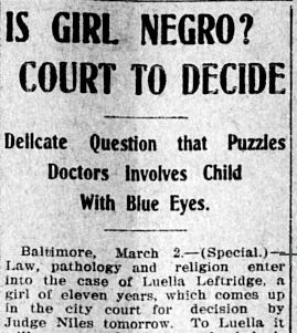 Newspaper clipping with a headline that questions how to if a girl with blue eyes is black.